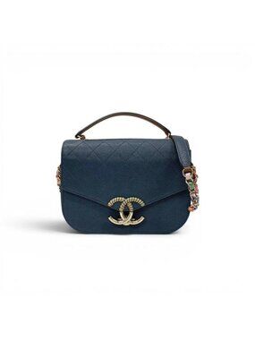 Chanel Shoulder Bag Blue Gold Multicolor Half CC Logo Quilted Chain